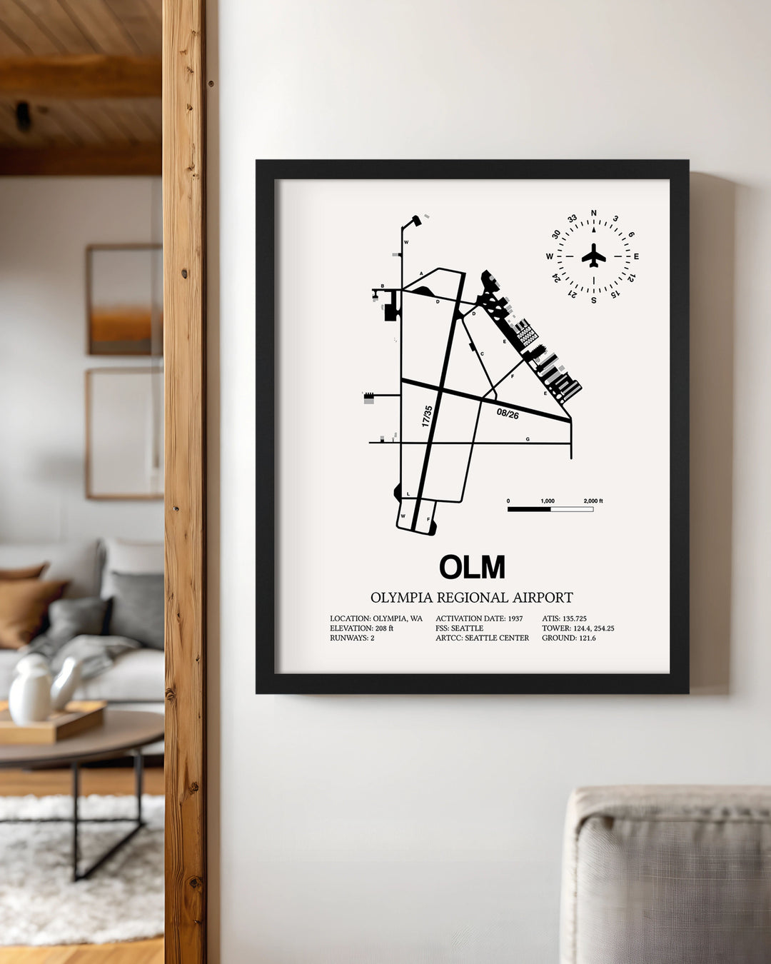 Framed Detailed Airport Map of Olympia Regional Airport (OLM) in White with a Black Frame