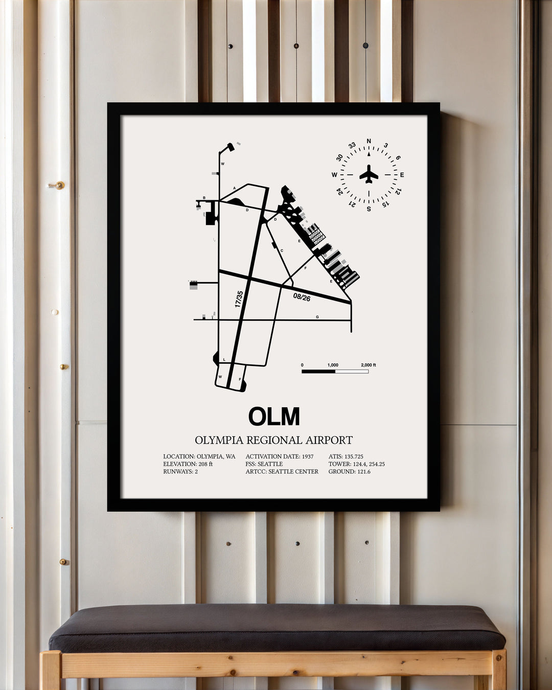 Framed Detailed Airport Map of Olympia Regional Airport (OLM) in White with a Black Frame