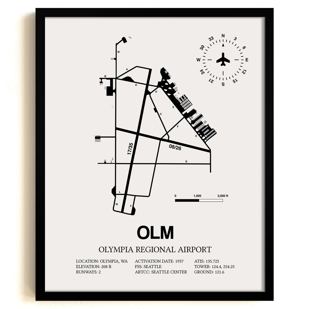 Framed Detailed Airport Map of Olympia Regional Airport (OLM) in White with a Black Frame
