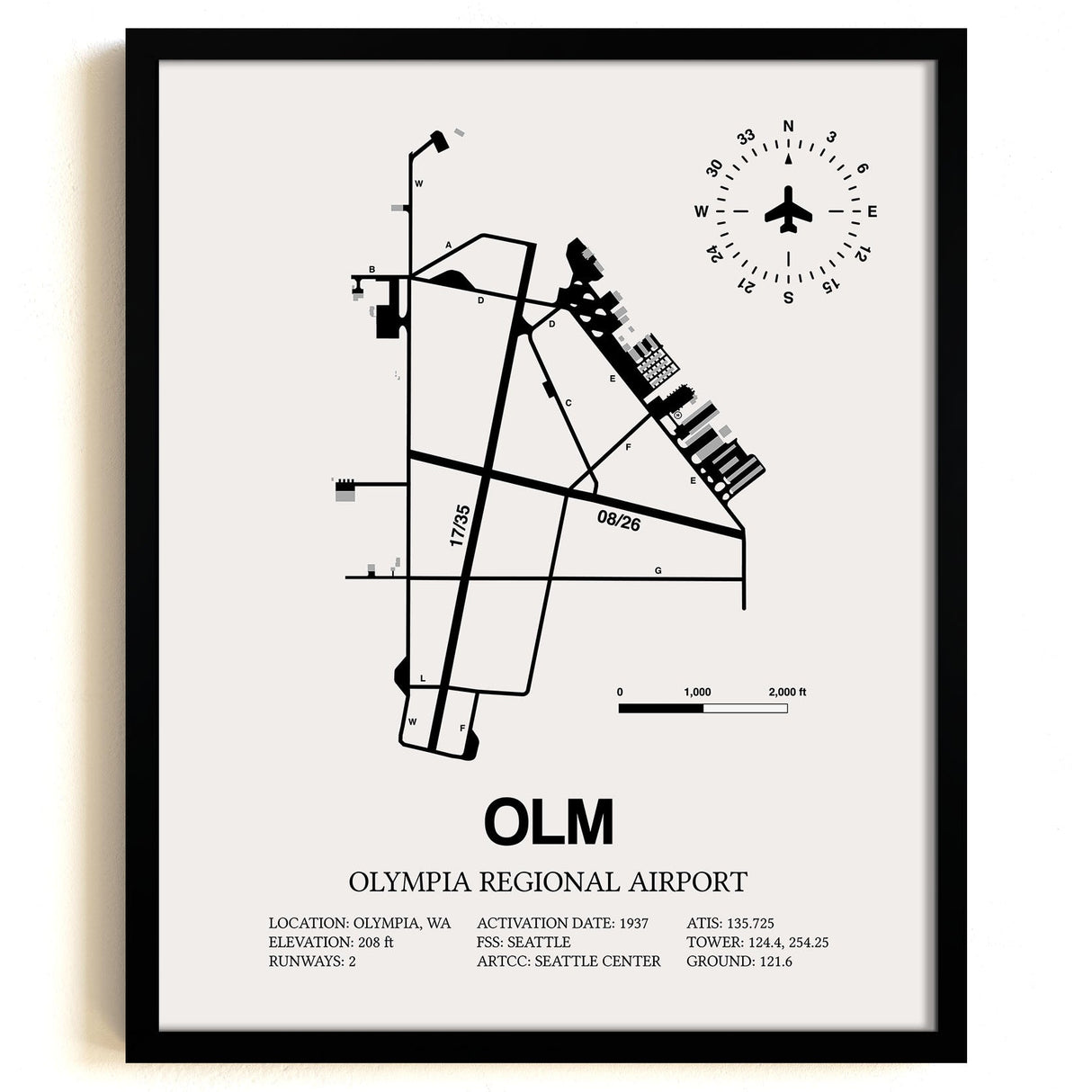 Framed Detailed Airport Map of Olympia Regional Airport (OLM) in White with a Black Frame