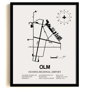 Framed Detailed Airport Map of Olympia Regional Airport (OLM) in White with a Black Frame