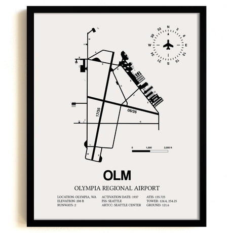Framed Detailed Airport Map of Olympia Regional Airport (OLM) in White with a Black Frame