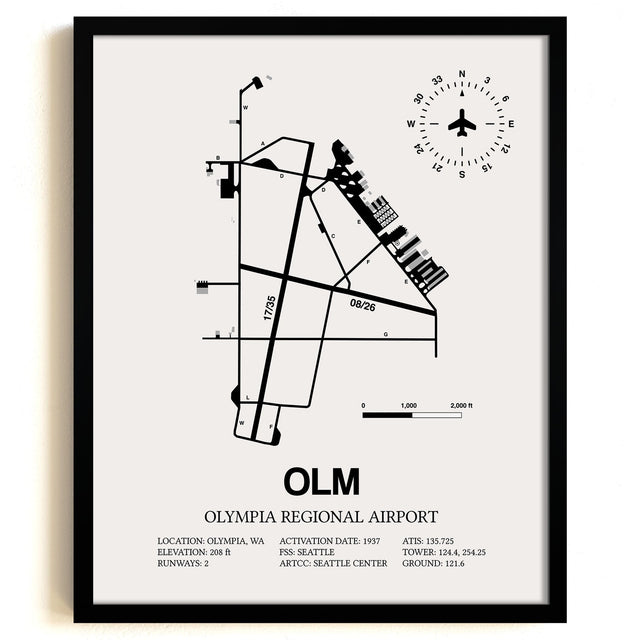Framed Detailed Airport Map of Olympia Regional Airport (OLM) in White with a Black Frame