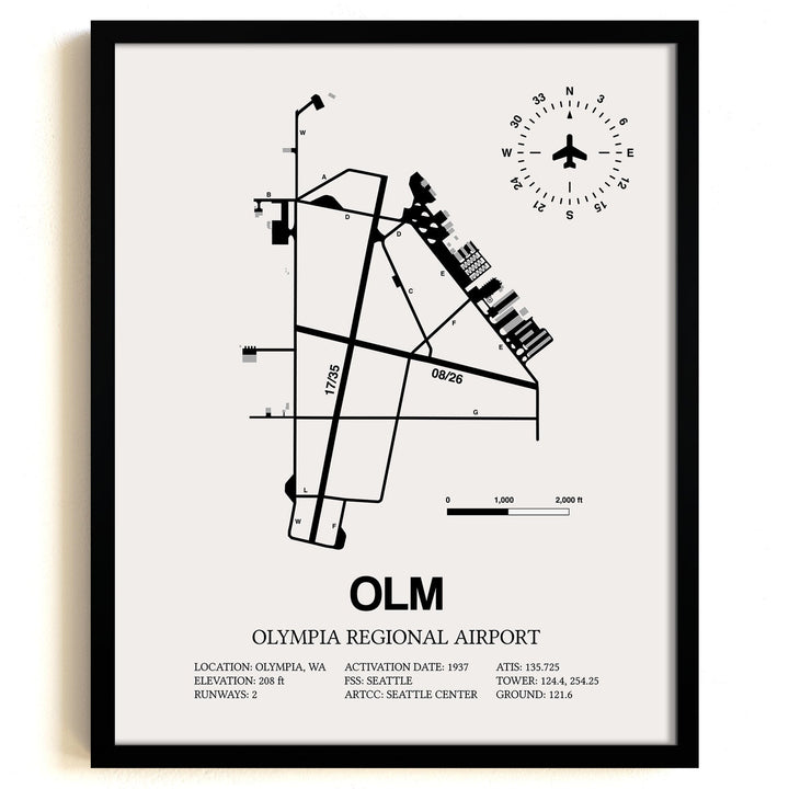 Framed Detailed Airport Map of Olympia Regional Airport (OLM) in White with a Black Frame