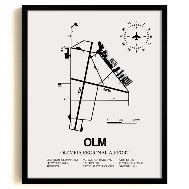 Olympia Regional Airport (OLM) Framed Detailed Airport Map – SkyBirdSupply