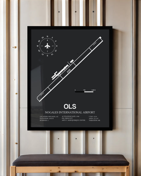 Framed Detailed Airport Map of Nogales International Airport (OLS) in Gray with a Black Frame