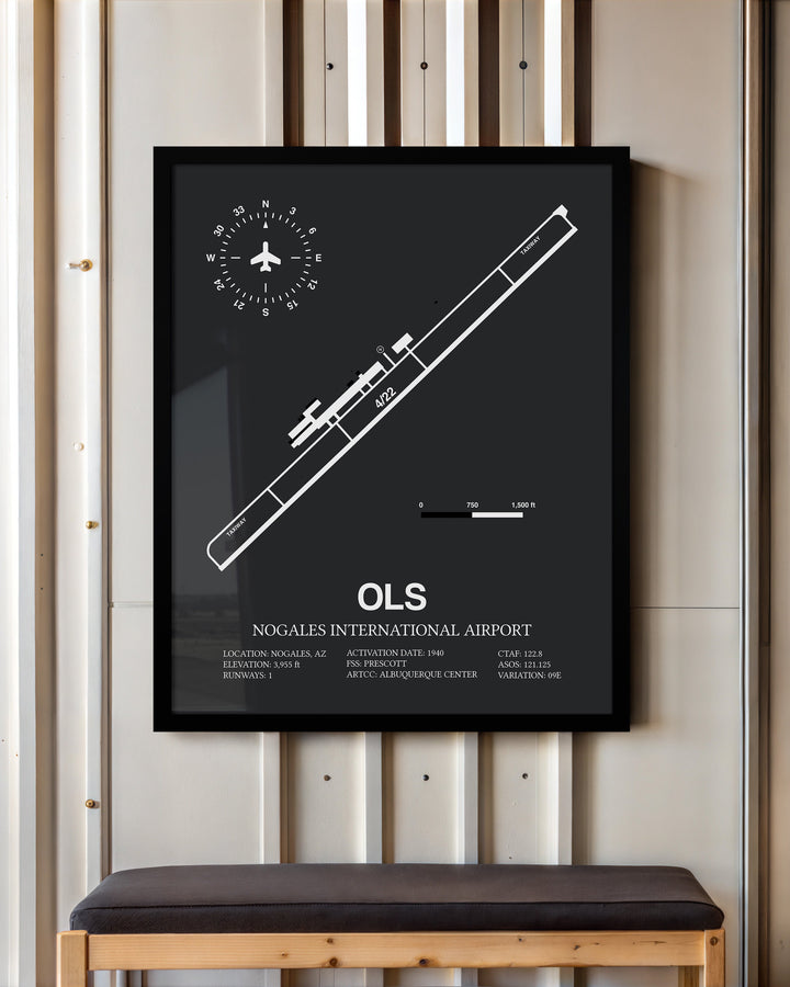 Framed Detailed Airport Map of Nogales International Airport (OLS) in Gray with a Black Frame