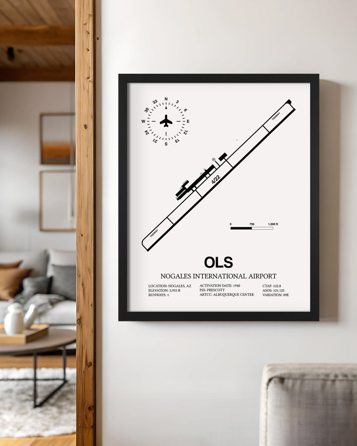 Framed Detailed Airport Map of Nogales International Airport (OLS) in White with a Black Frame