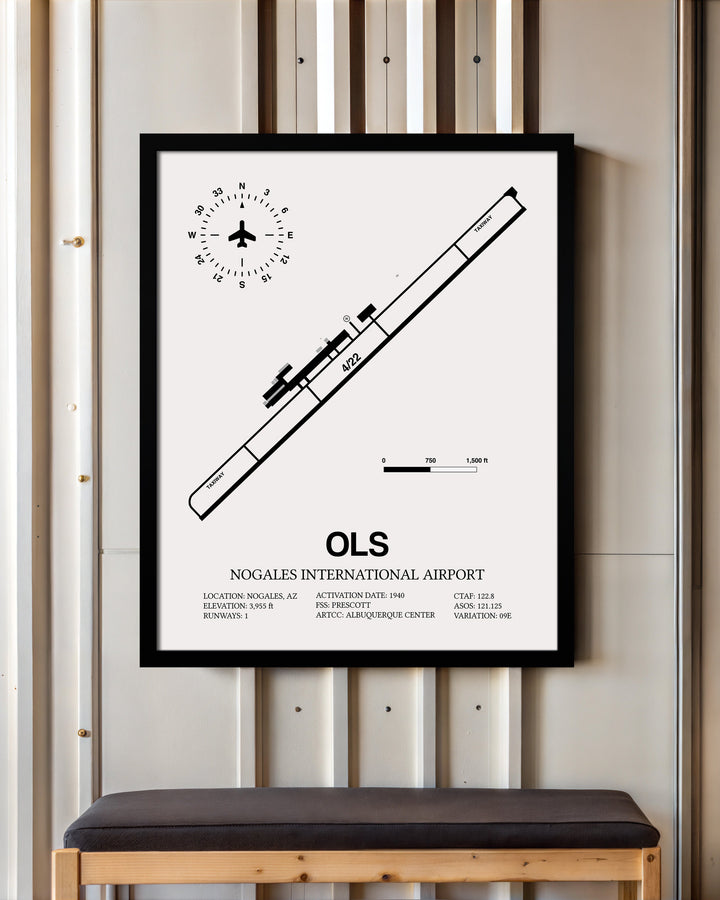 Framed Detailed Airport Map of Nogales International Airport (OLS) in White with a Black Frame