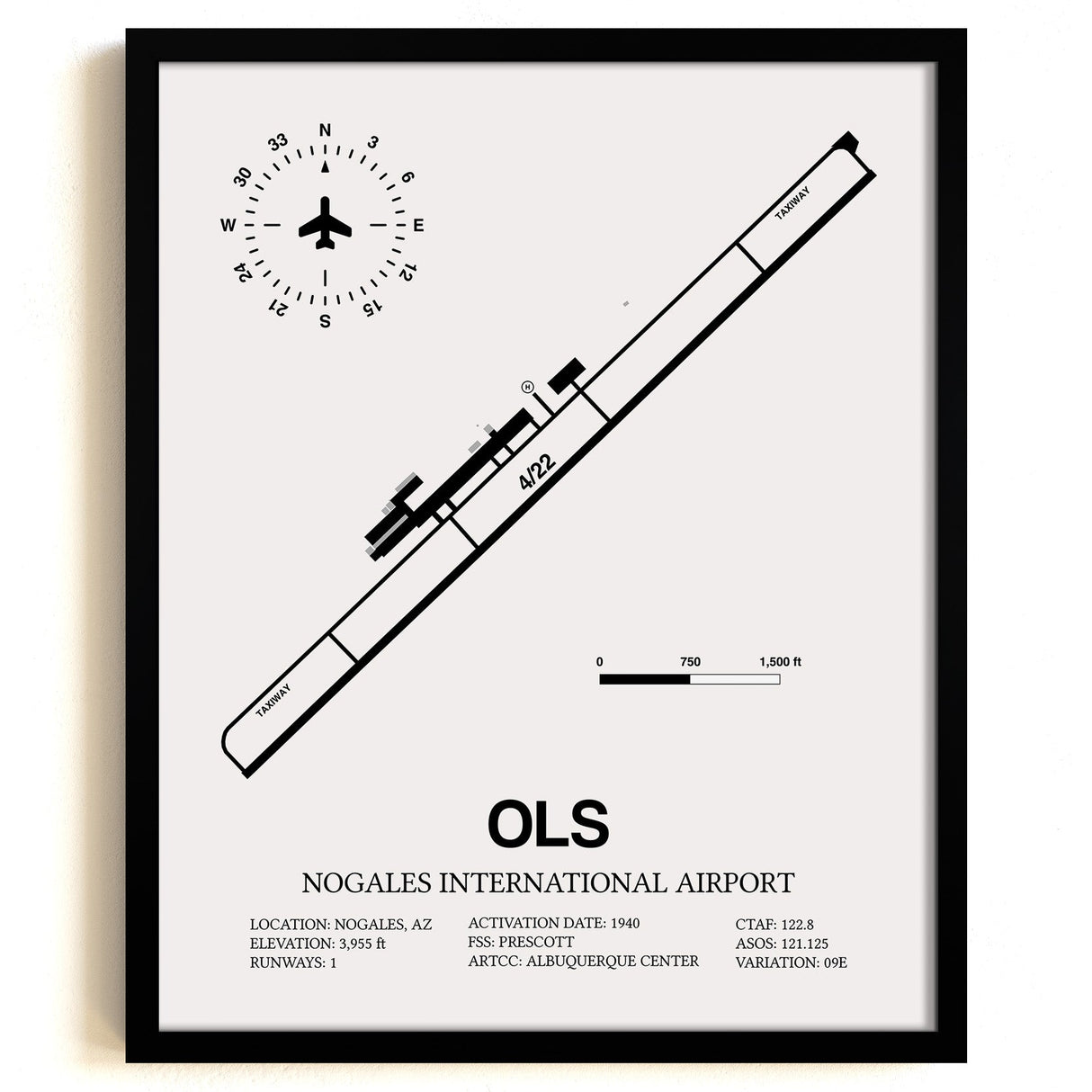 Framed Detailed Airport Map of Nogales International Airport (OLS) in White with a Black Frame