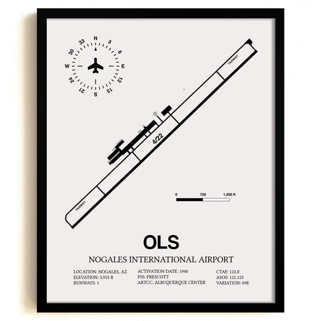 Framed Detailed Airport Map of Nogales International Airport (OLS) in White with a Black Frame