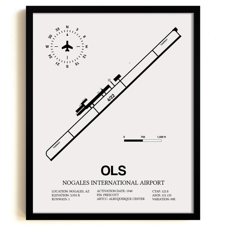 Framed Detailed Airport Map of Nogales International Airport (OLS) in White with a Black Frame