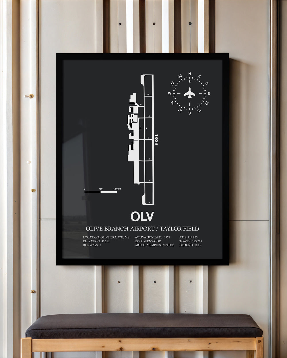 Framed Detailed Airport Map of Olive Branch Airport/Taylor Field (OLV) in Gray with a Black Frame