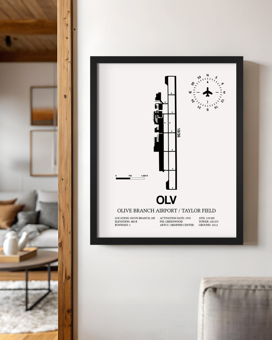 Framed Detailed Airport Map of Olive Branch Airport/Taylor Field (OLV) in White with a Black Frame