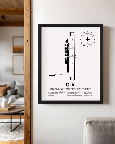 Framed Detailed Airport Map of Olive Branch Airport/Taylor Field (OLV) in White with a Black Frame