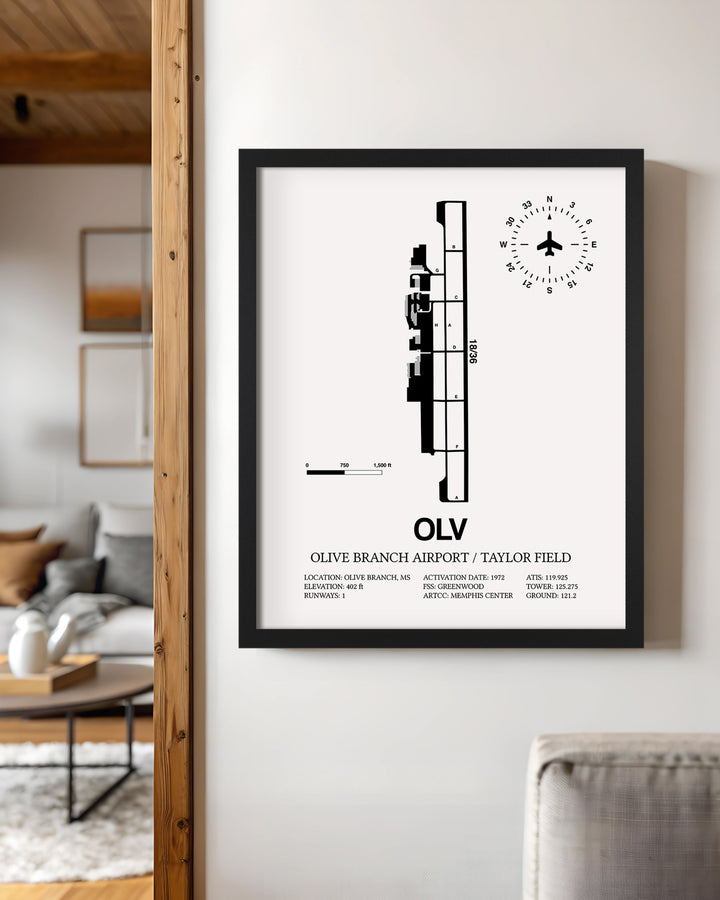 Framed Detailed Airport Map of Olive Branch Airport/Taylor Field (OLV) in White with a Black Frame