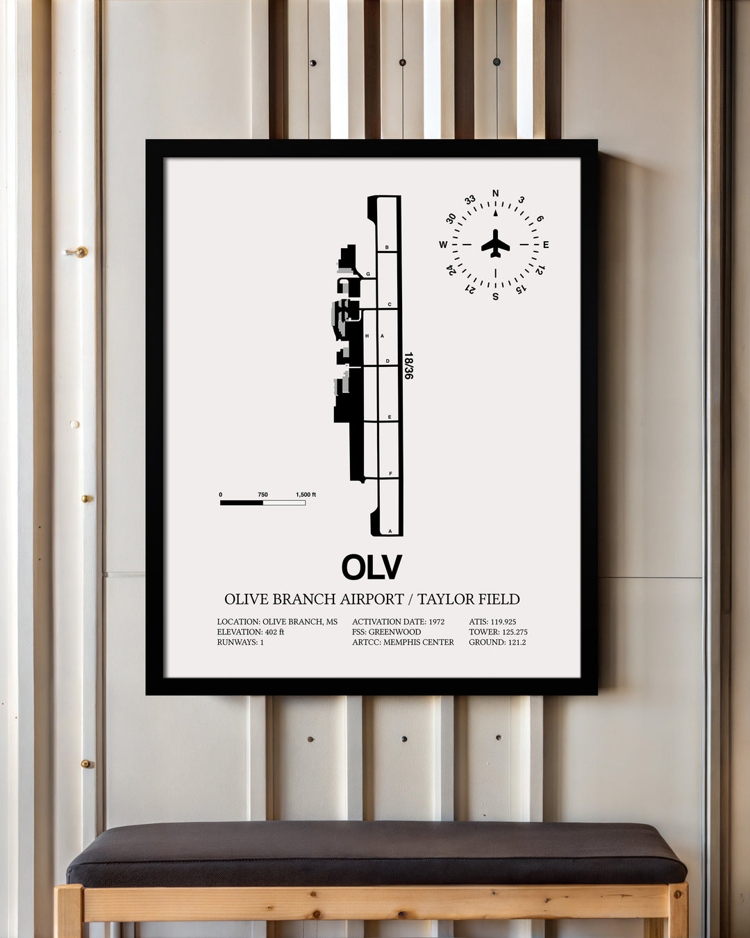 Framed Detailed Airport Map of Olive Branch Airport/Taylor Field (OLV) in White with a Black Frame