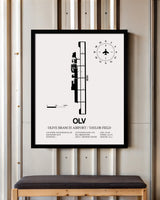 Framed Detailed Airport Map of Olive Branch Airport/Taylor Field (OLV) in White with a Black Frame