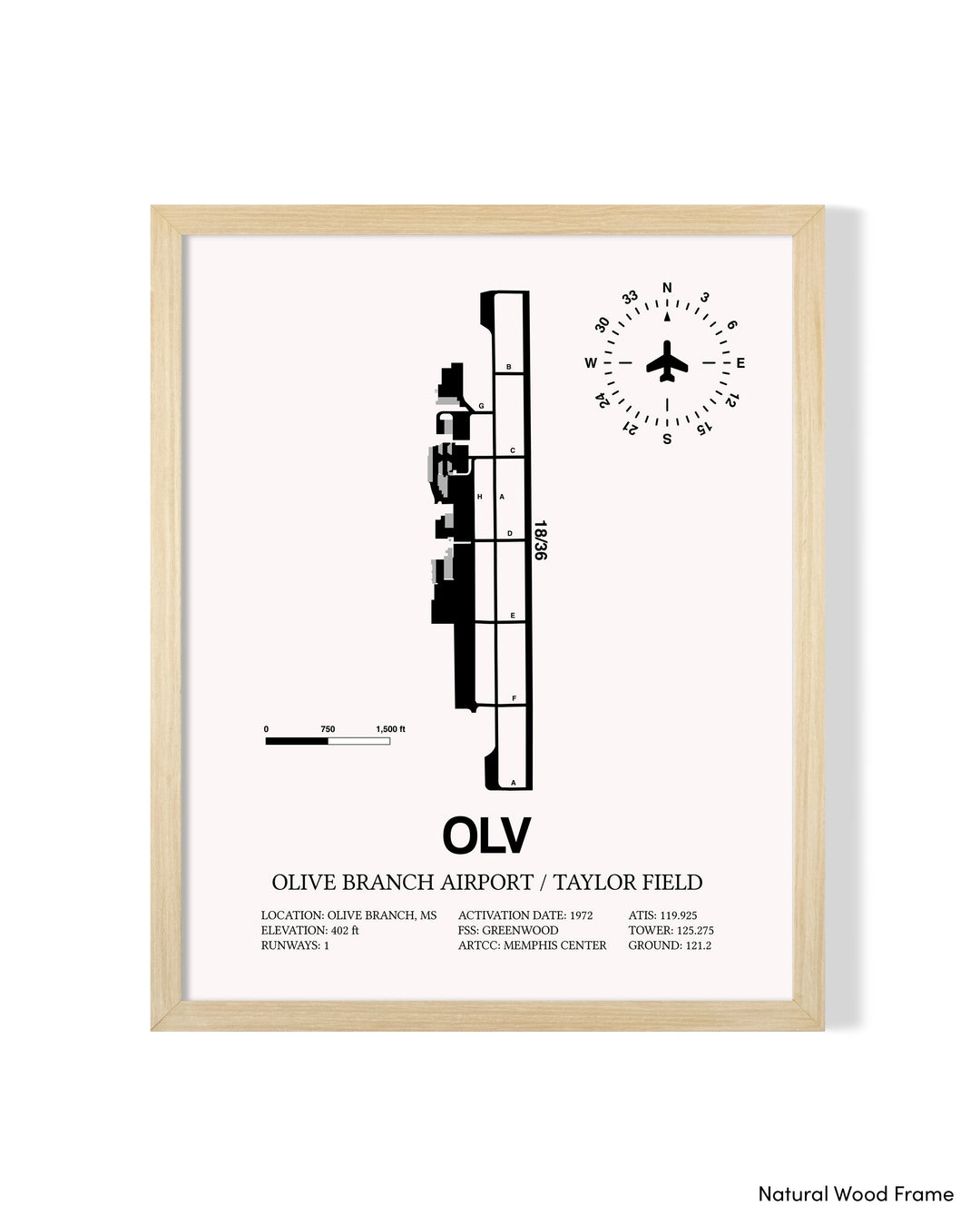 Detailed Airport Map of Olive Branch Airport/Taylor Field (OLV) in White with a Natural Frame