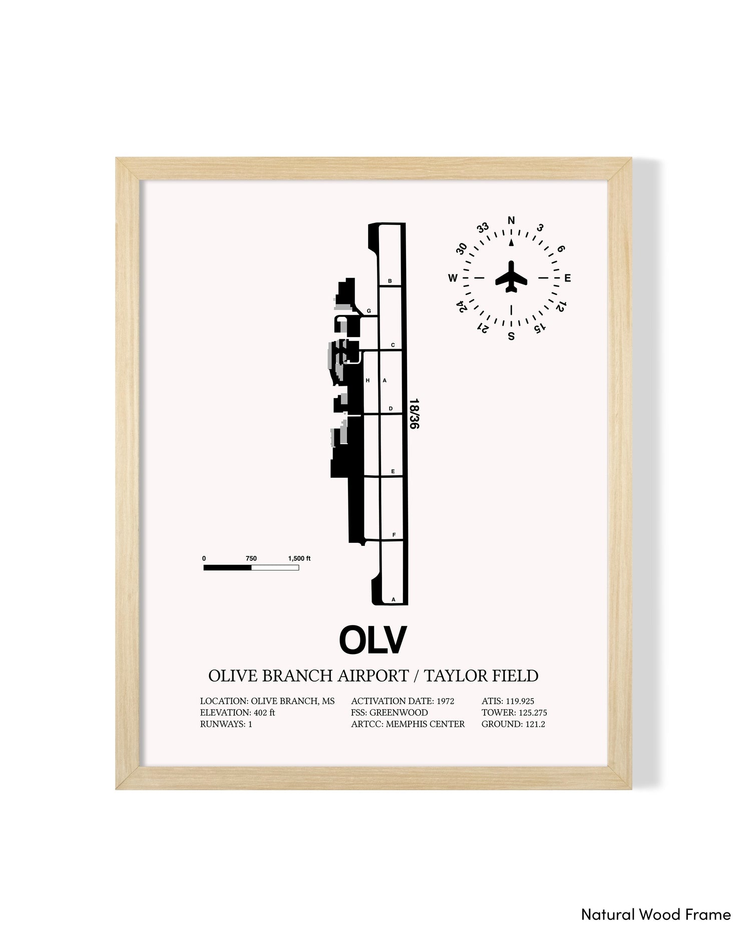 Detailed Airport Map of Olive Branch Airport/Taylor Field (OLV) in White with a Natural Frame