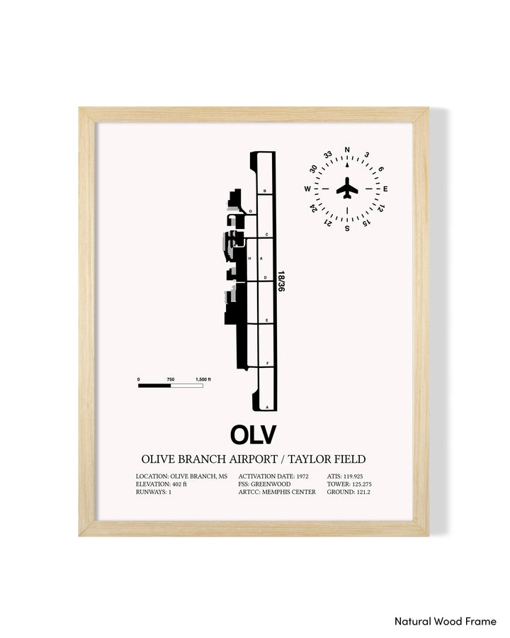 Detailed Airport Map of Olive Branch Airport/Taylor Field (OLV) in White with a Natural Frame