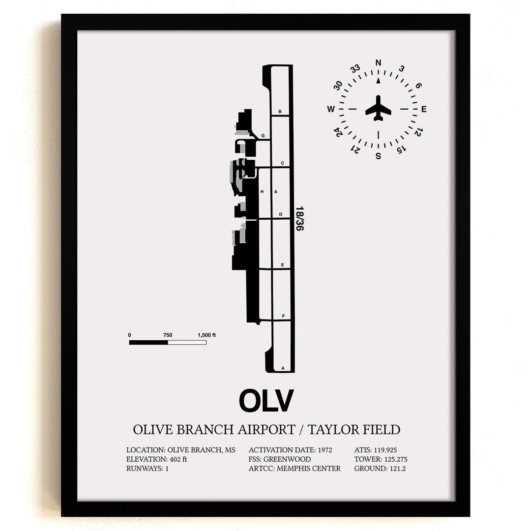 Framed Detailed Airport Map of Olive Branch Airport/Taylor Field (OLV) in White with a Black Frame