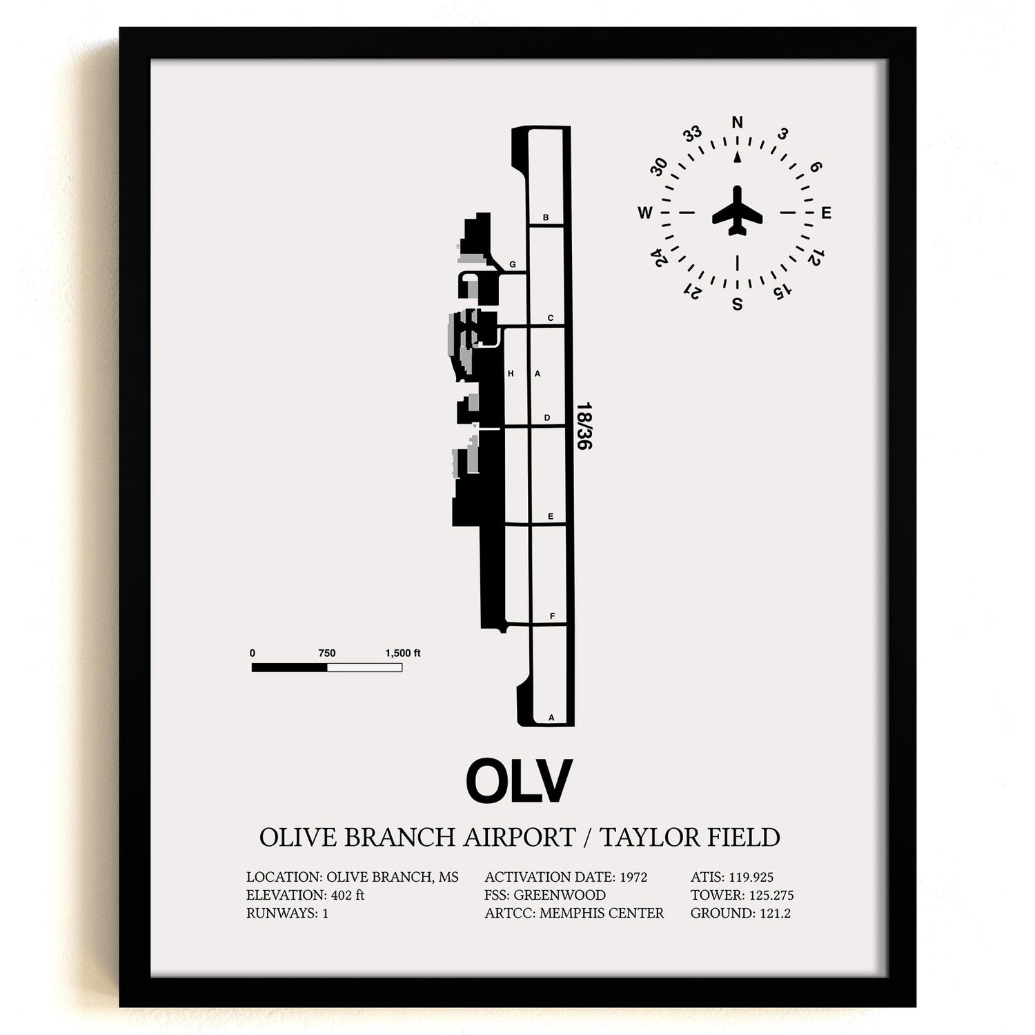 Framed Detailed Airport Map of Olive Branch Airport/Taylor Field (OLV) in White with a Black Frame