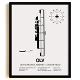 Framed Detailed Airport Map of Olive Branch Airport/Taylor Field (OLV) in White with a Black Frame