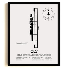Framed Detailed Airport Map of Olive Branch Airport/Taylor Field (OLV) in White with a Black Frame