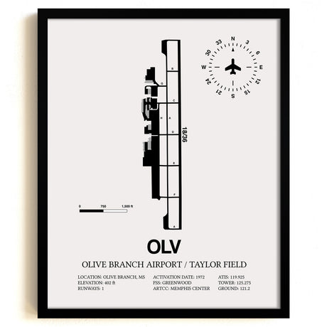 Framed Detailed Airport Map of Olive Branch Airport/Taylor Field (OLV) in White with a Black Frame