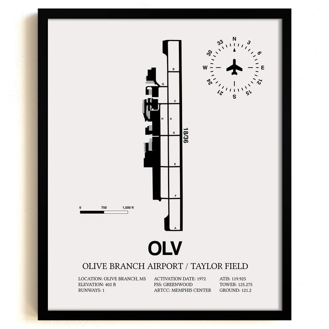 Framed Detailed Airport Map of Olive Branch Airport/Taylor Field (OLV) in White with a Black Frame