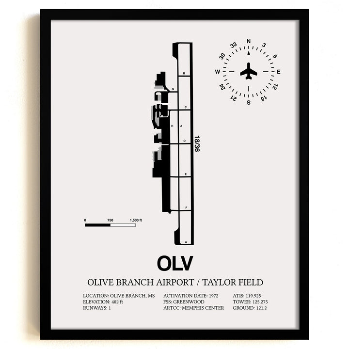 Framed Detailed Airport Map of Olive Branch Airport/Taylor Field (OLV) in White with a Black Frame
