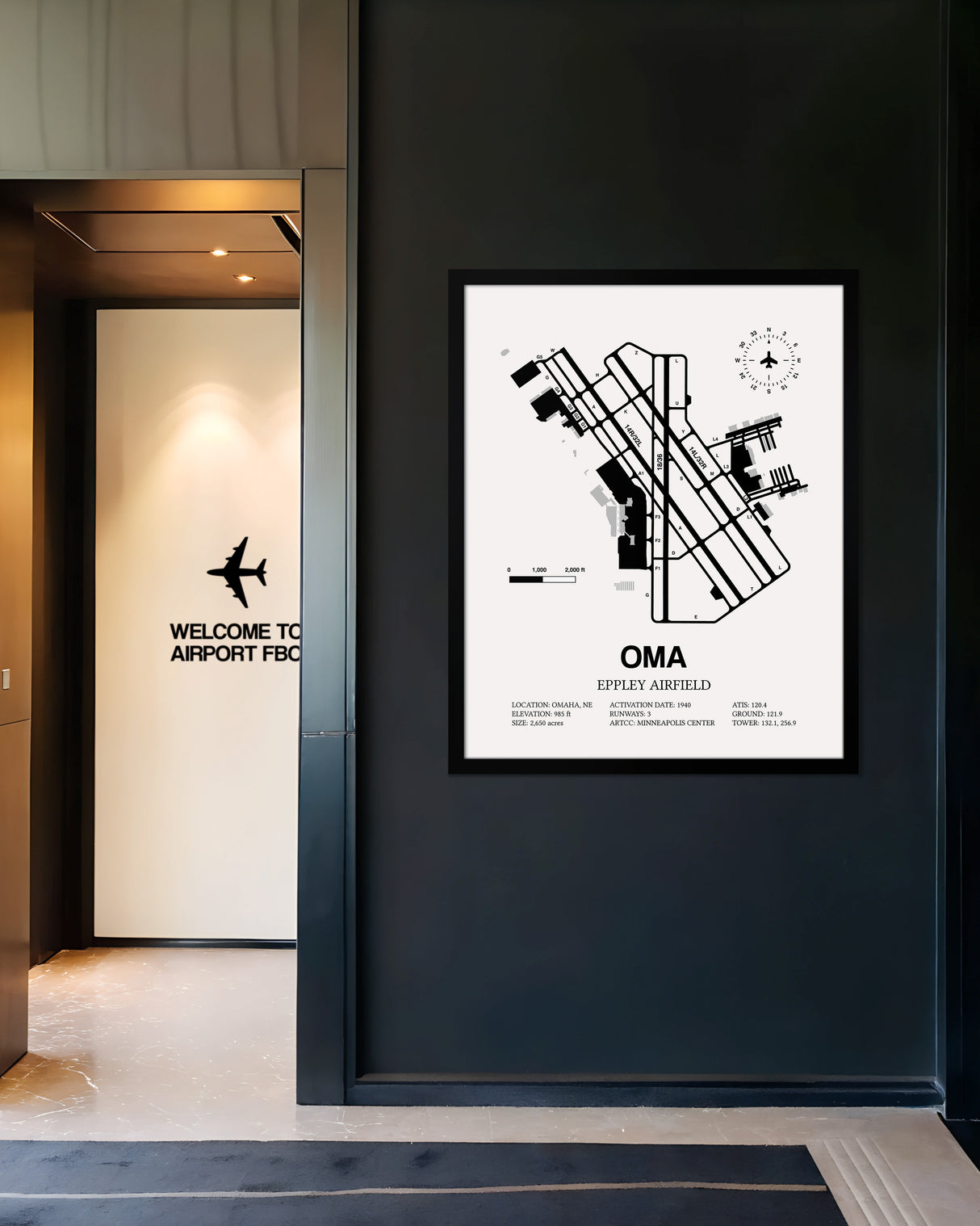 Framed Detailed Airport Map of Eppley Airfield (OMA) in White with a Black Frame
