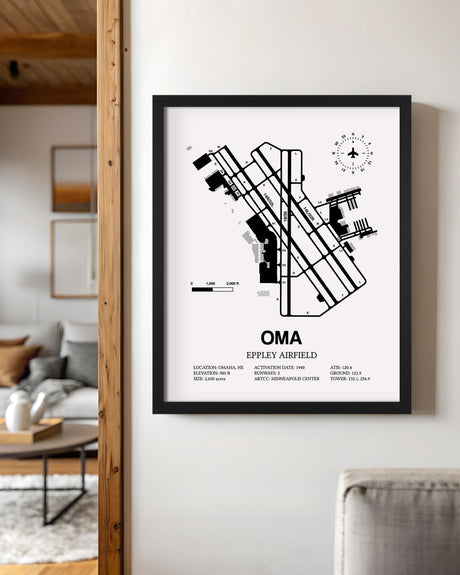 Framed Detailed Airport Map of Eppley Airfield (OMA) in White with a Black Frame