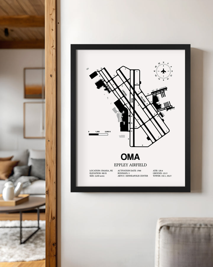 Framed Detailed Airport Map of Eppley Airfield (OMA) in White with a Black Frame
