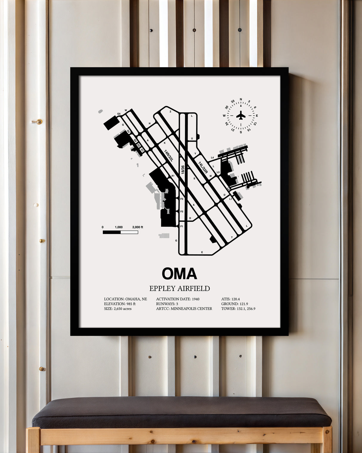 Framed Detailed Airport Map of Eppley Airfield (OMA) in White with a Black Frame