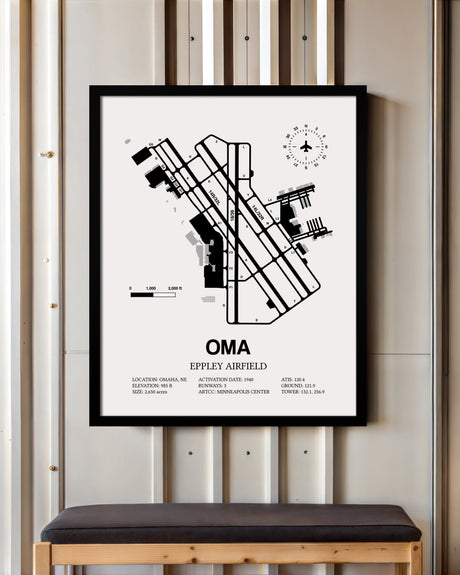 Framed Detailed Airport Map of Eppley Airfield (OMA) in White with a Black Frame
