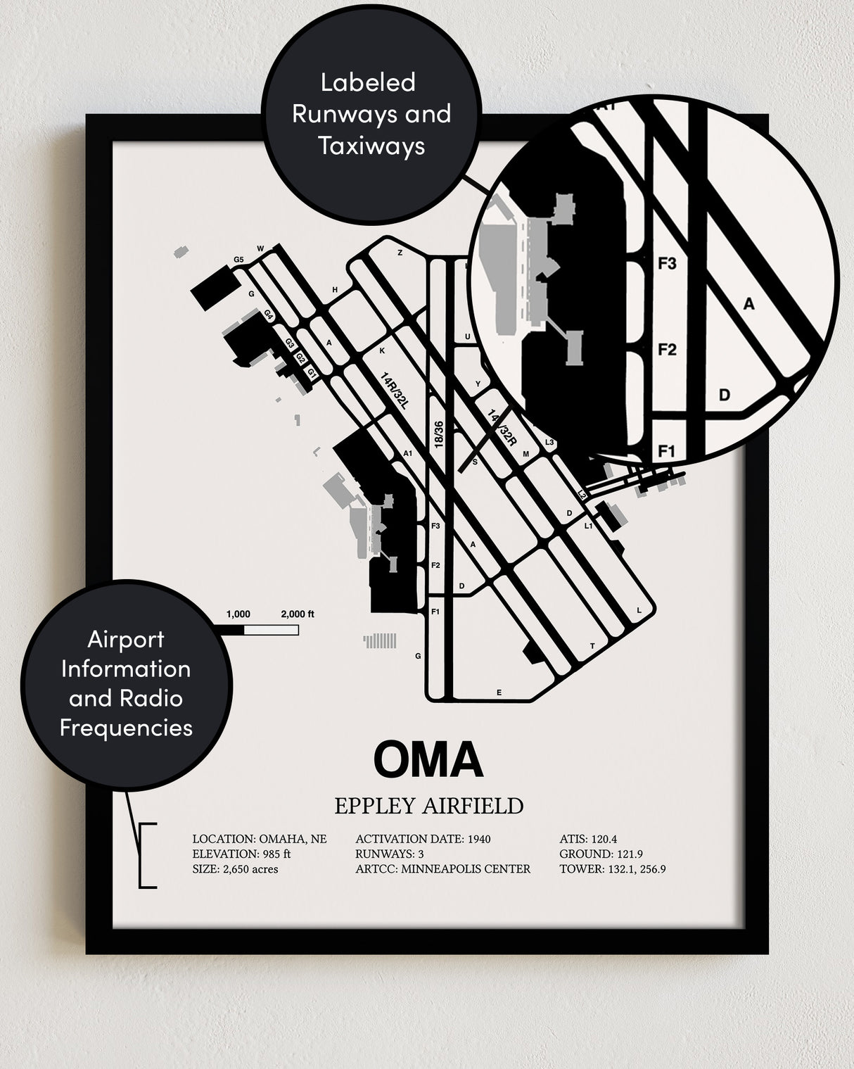Framed Detailed Airport Map of Eppley Airfield (OMA) in White with a Black Frame