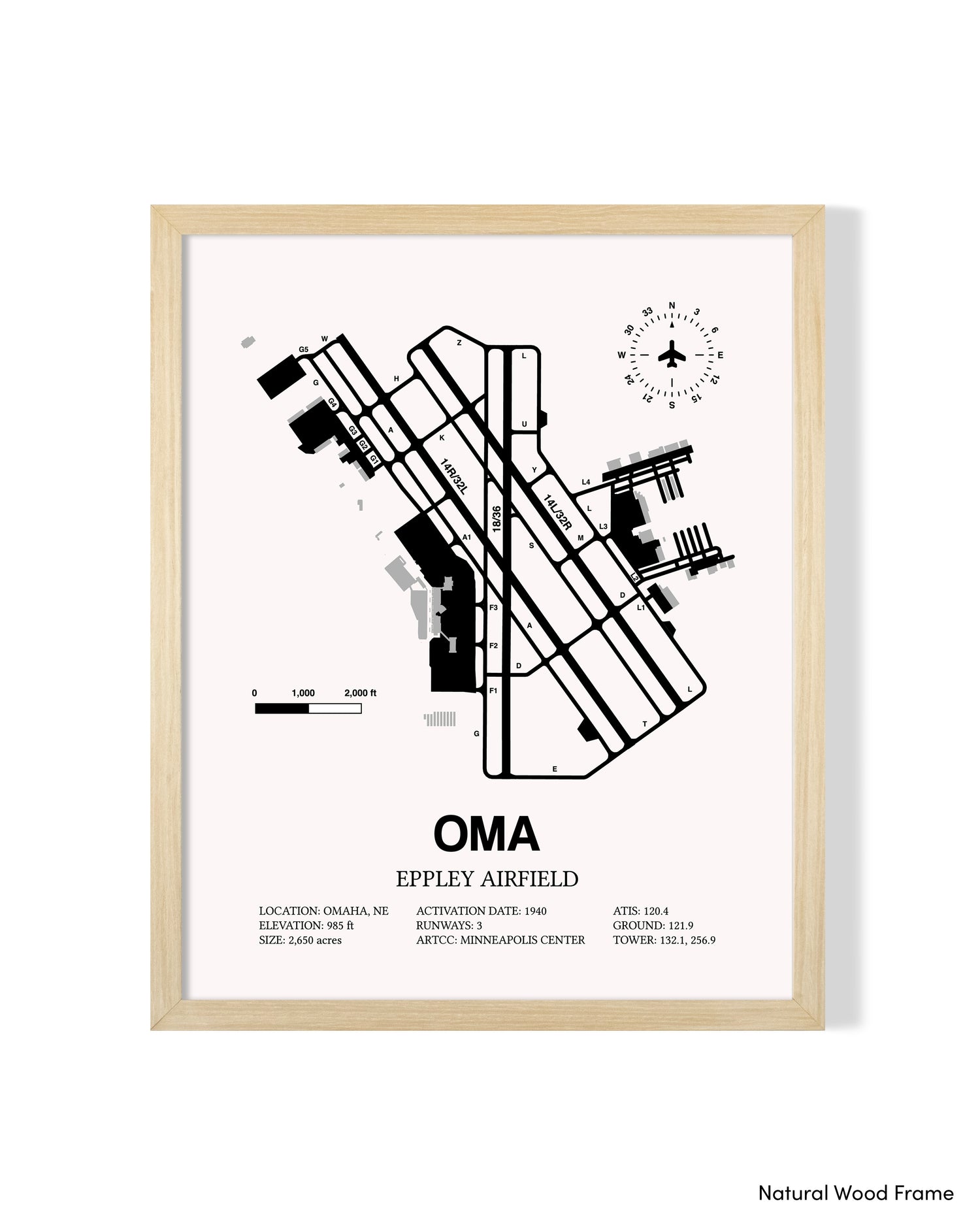 Detailed Airport Map of Eppley Airfield (OMA) in White with a Natural Frame