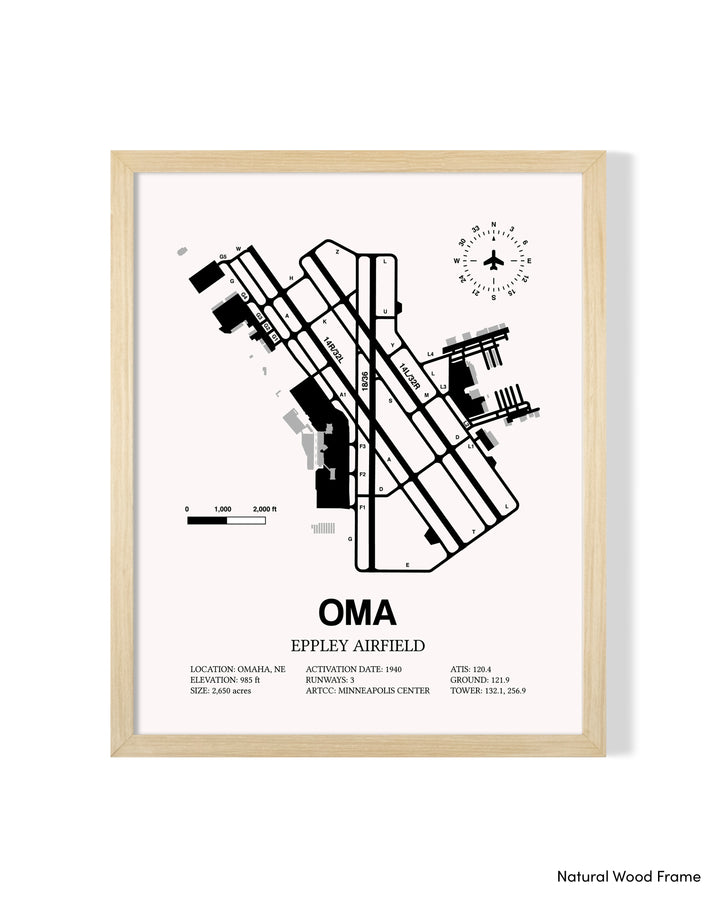 Detailed Airport Map of Eppley Airfield (OMA) in White with a Natural Frame
