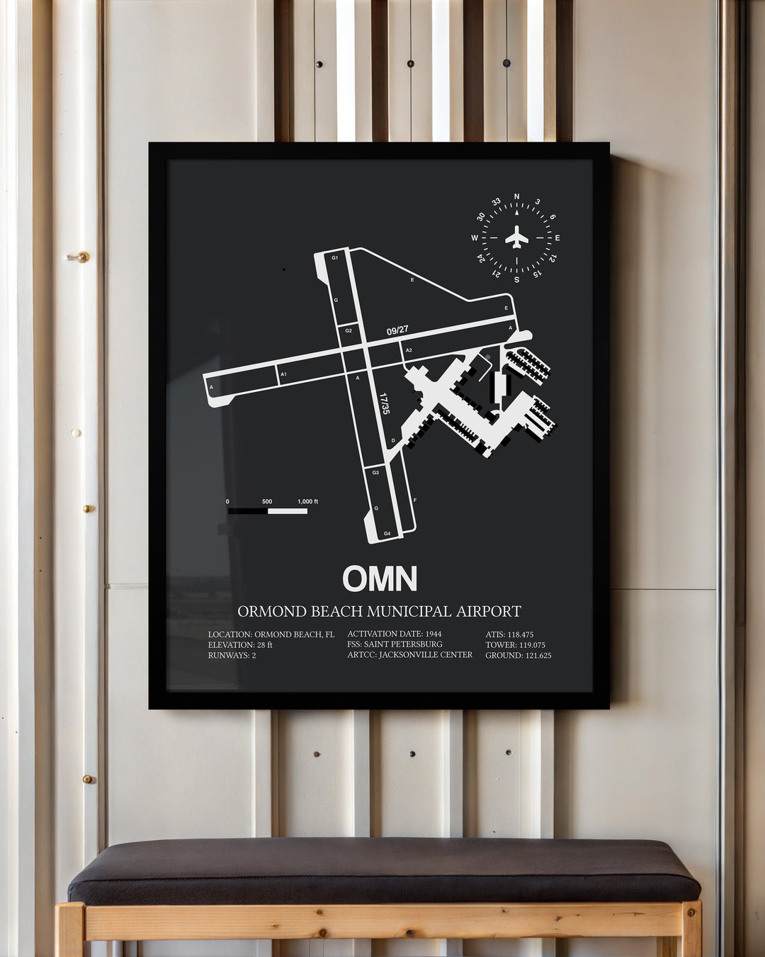 Framed Detailed Airport Map of Ormond Beach Municipal Airport (OMN) in Gray with a Black Frame