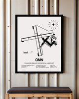 Framed Detailed Airport Map of Ormond Beach Municipal Airport (OMN) in White with a Black Frame