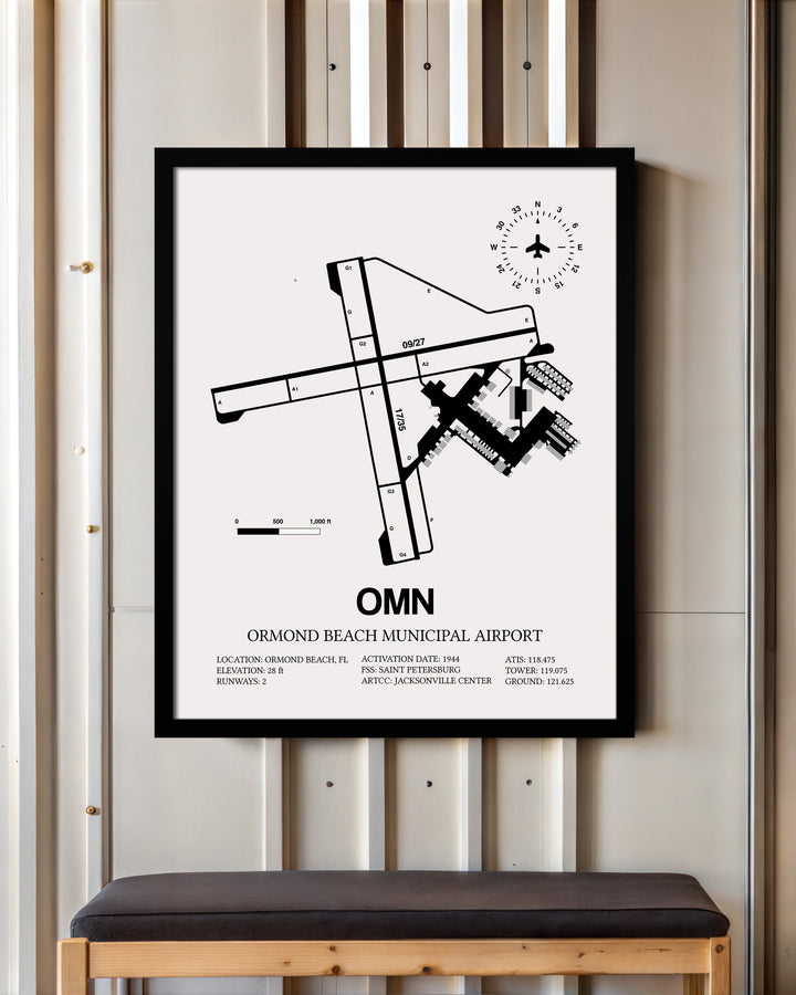 Framed Detailed Airport Map of Ormond Beach Municipal Airport (OMN) in White with a Black Frame