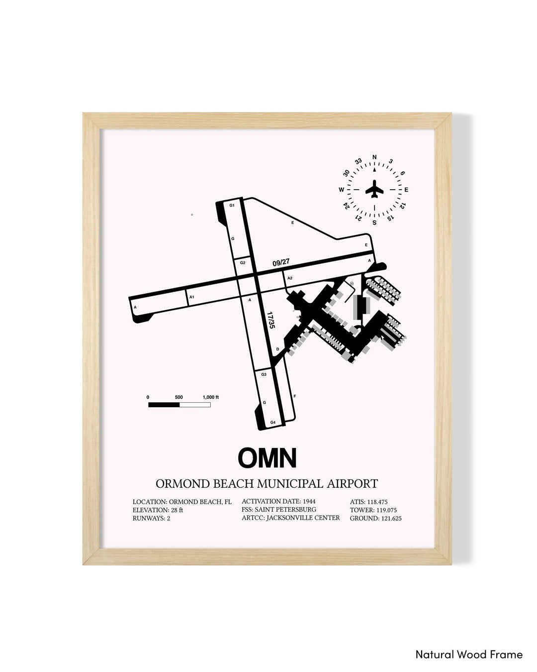 Detailed Airport Map of Ormond Beach Municipal Airport (OMN) in White with a Natural Frame
