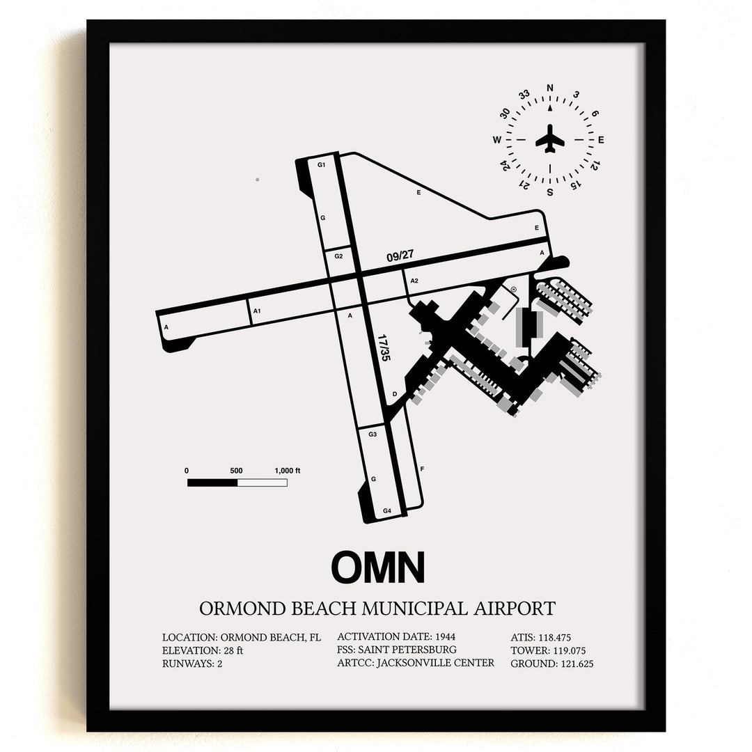 Framed Detailed Airport Map of Ormond Beach Municipal Airport (OMN) in White with a Black Frame