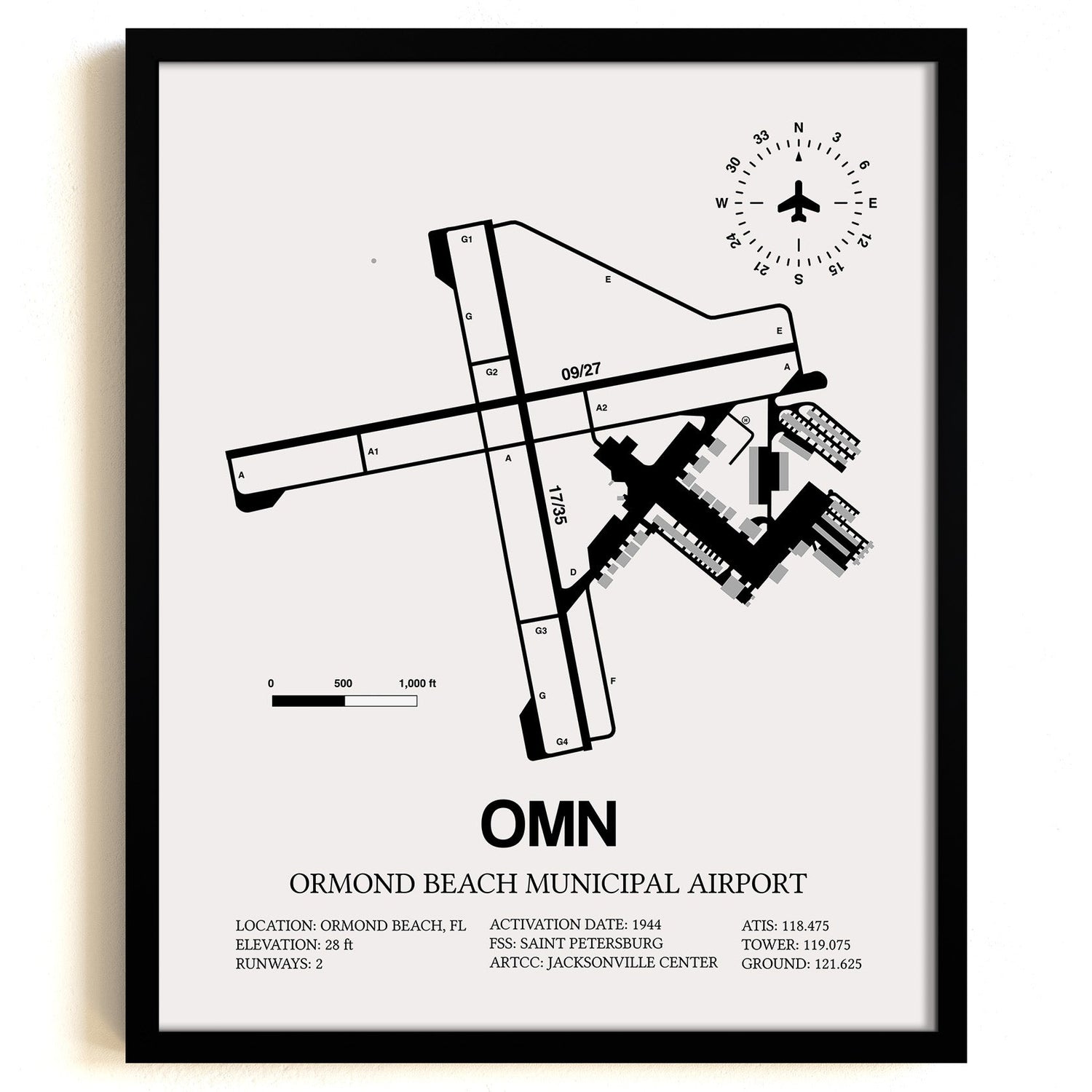 Framed Detailed Airport Map of Ormond Beach Municipal Airport (OMN) in White with a Black Frame