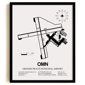 Framed Detailed Airport Map of Ormond Beach Municipal Airport (OMN) in White with a Black Frame