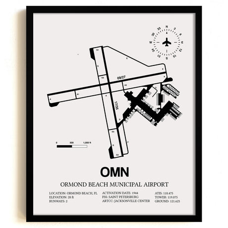 Framed Detailed Airport Map of Ormond Beach Municipal Airport (OMN) in White with a Black Frame