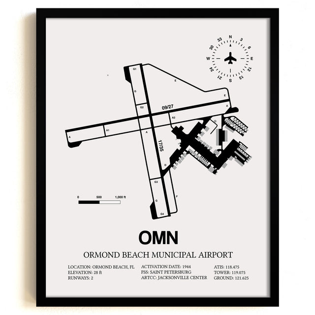 Framed Detailed Airport Map of Ormond Beach Municipal Airport (OMN) in White with a Black Frame