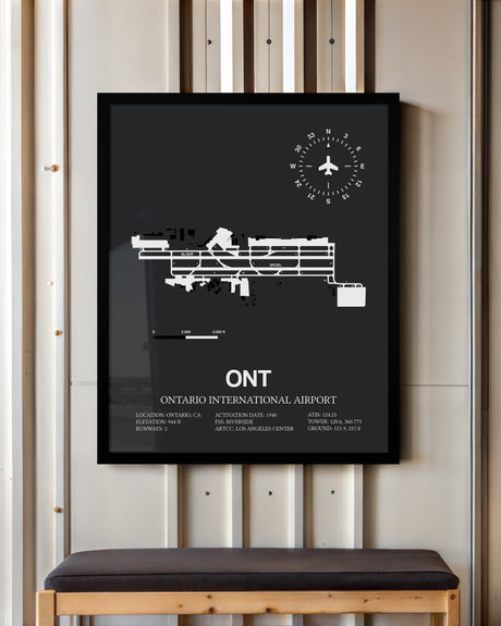 Framed Detailed Airport Map of Ontario International Airport (ONT) in Gray with a Black Frame